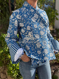 Hippie Chic Cotton Quilted Jacket – Blue Floral Reversible Coat with Flared Sleeves