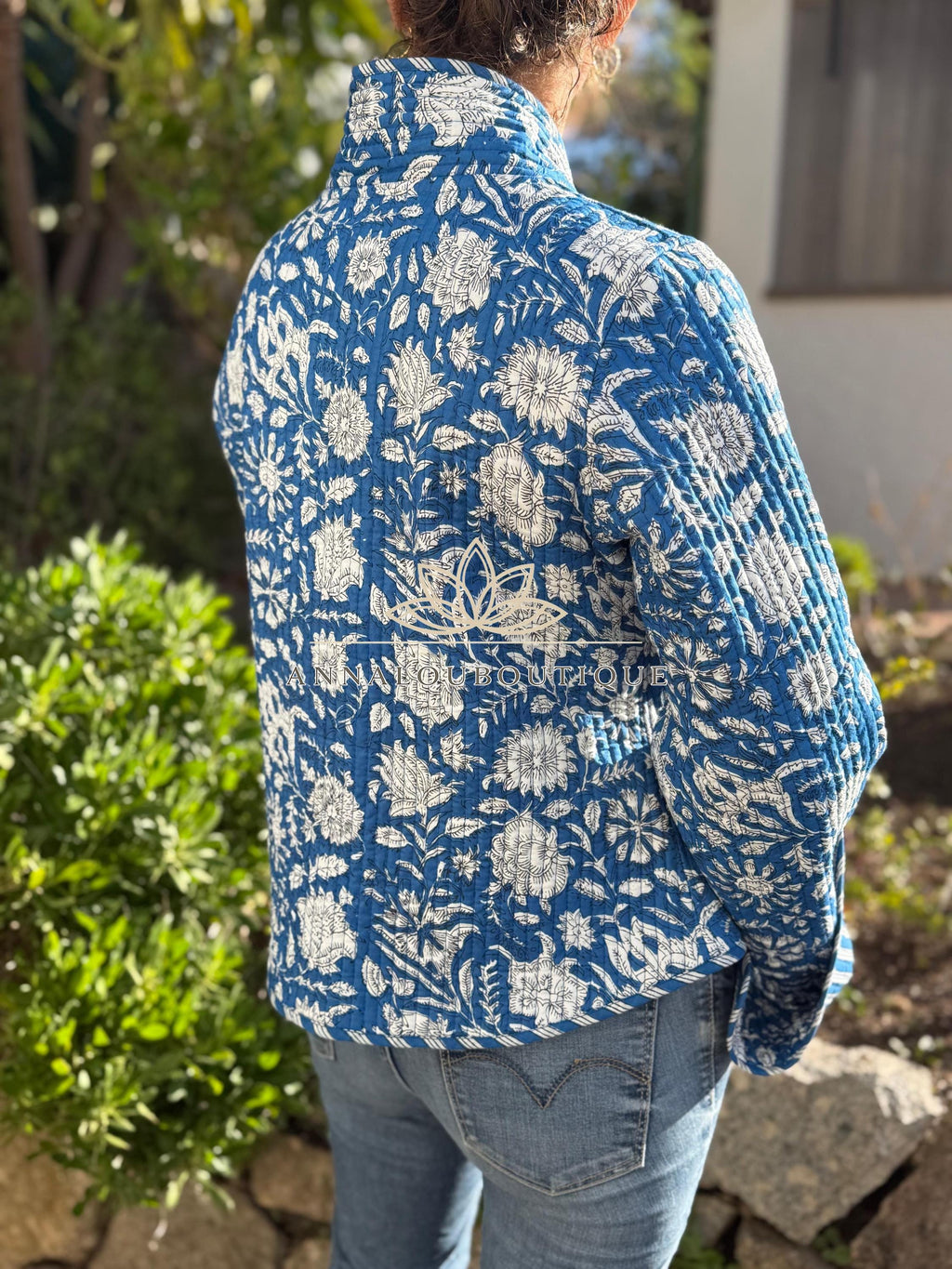 Hippie Chic Cotton Quilted Jacket – Blue Floral Reversible Coat with Flared Sleeves