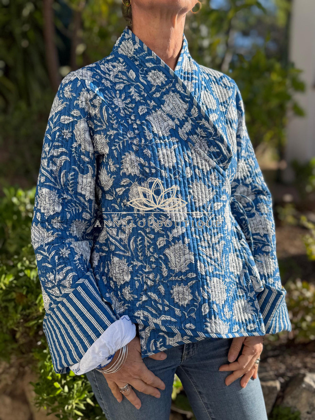 Hippie Chic Cotton Quilted Jacket – Blue Floral Reversible Coat with Flared Sleeves