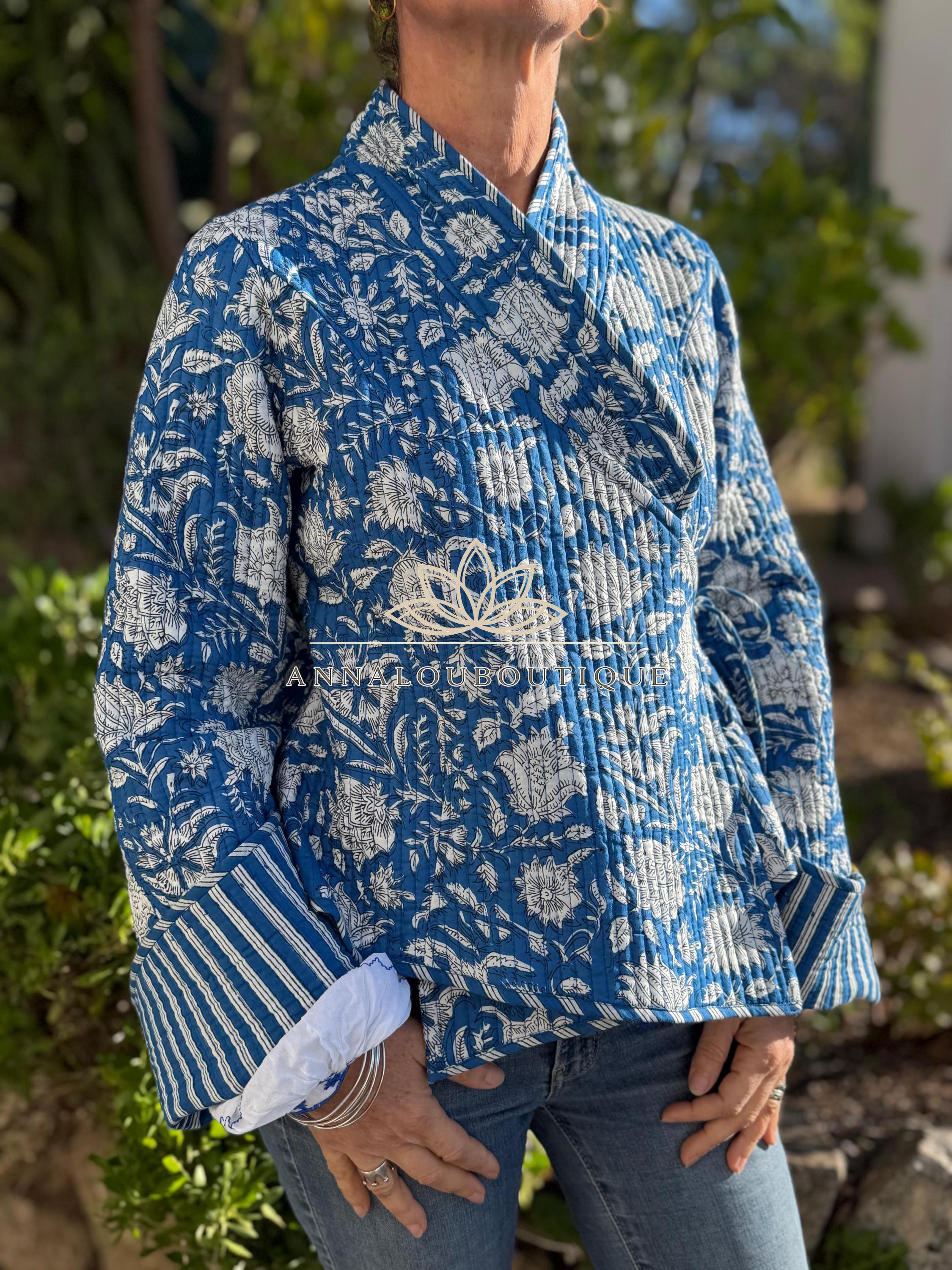 Hippie Chic Cotton Quilted Jacket – Blue Floral Reversible Coat with Flared Sleeves