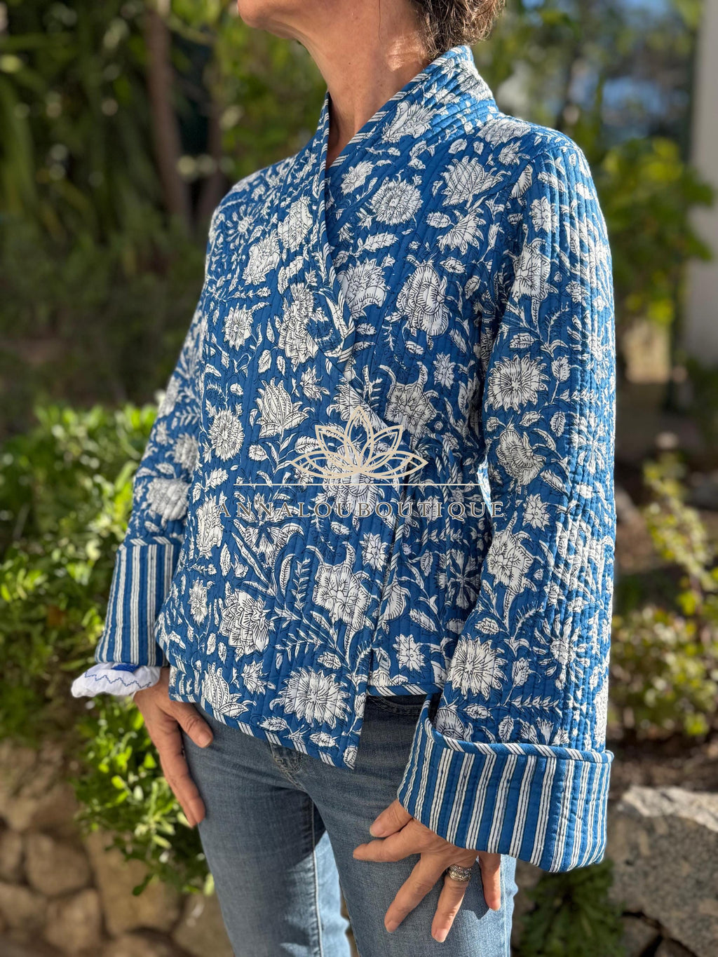 Hippie Chic Cotton Quilted Jacket – Blue Floral Reversible Coat with Flared Sleeves