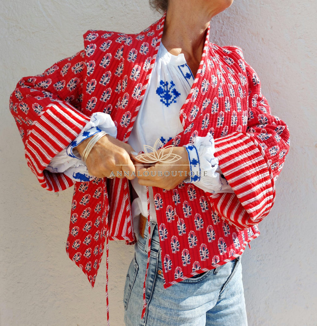 Reversible Quilted Cotton Crossed Jacket – Red Winter Coat