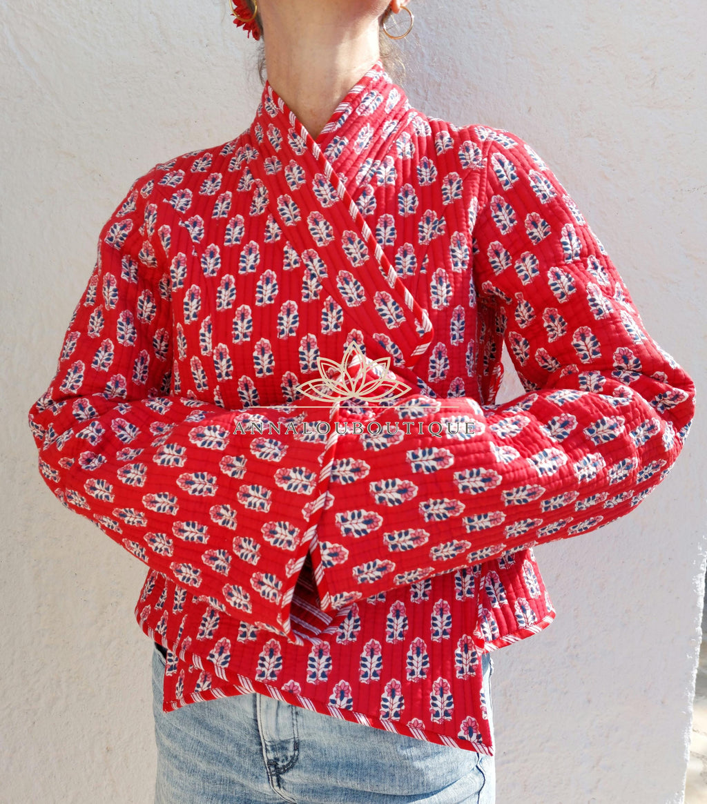 Reversible Quilted Cotton Crossed Jacket – Red Winter Coat