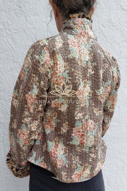 Glossy Brown Floral Cotton Wrap Jacket, Leopard Faux Fur Collar & Cuffs, Boho Chic Mid-Season Jacket, Hippie Style