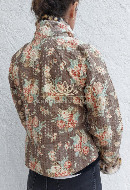 Glossy Brown Floral Cotton Wrap Jacket, Leopard Faux Fur Collar & Cuffs, Boho Chic Mid-Season Jacket, Hippie Style