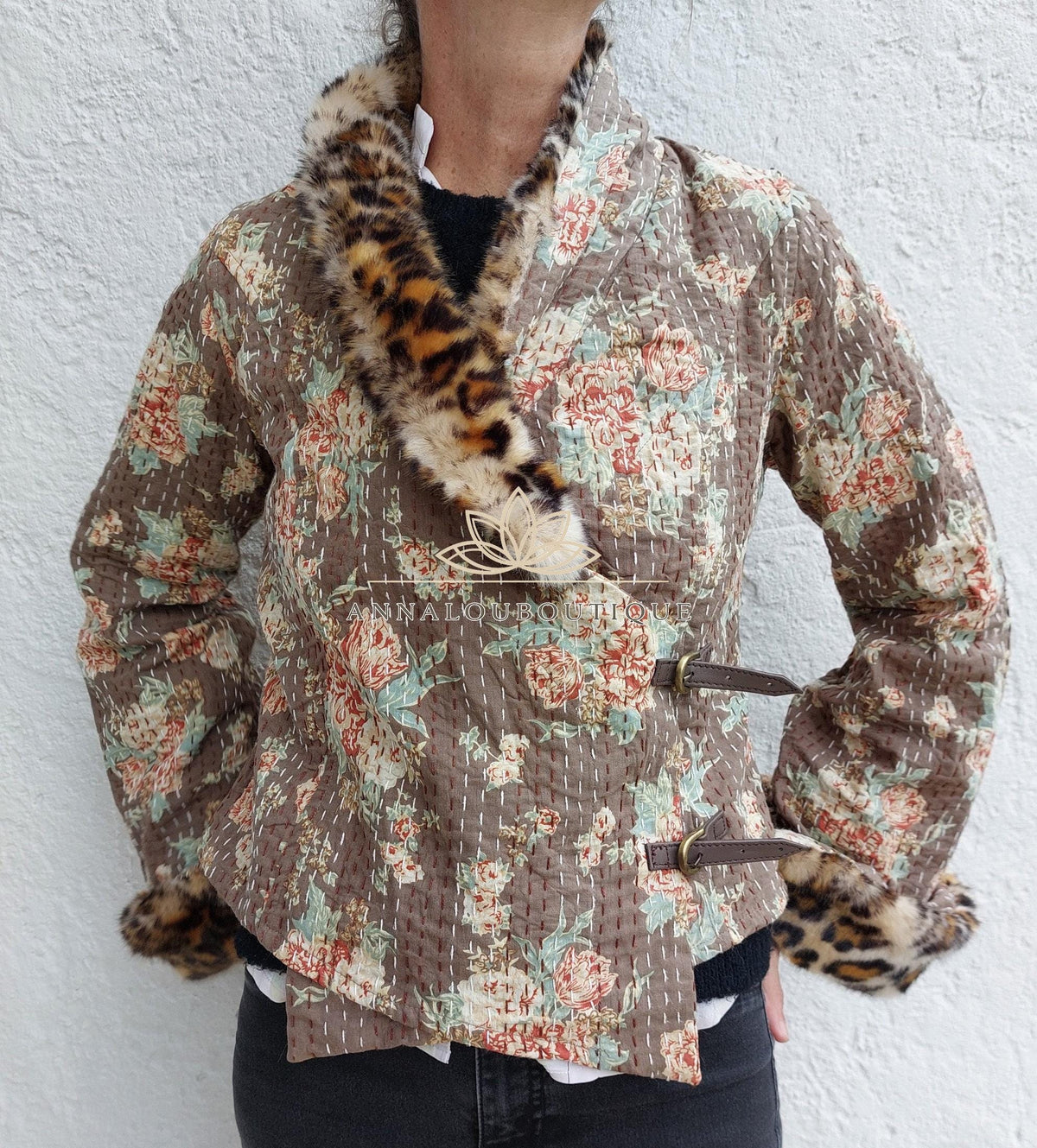 Glossy Brown Floral Cotton Wrap Jacket, Leopard Faux Fur Collar & Cuffs, Boho Chic Mid-Season Jacket, Hippie Style