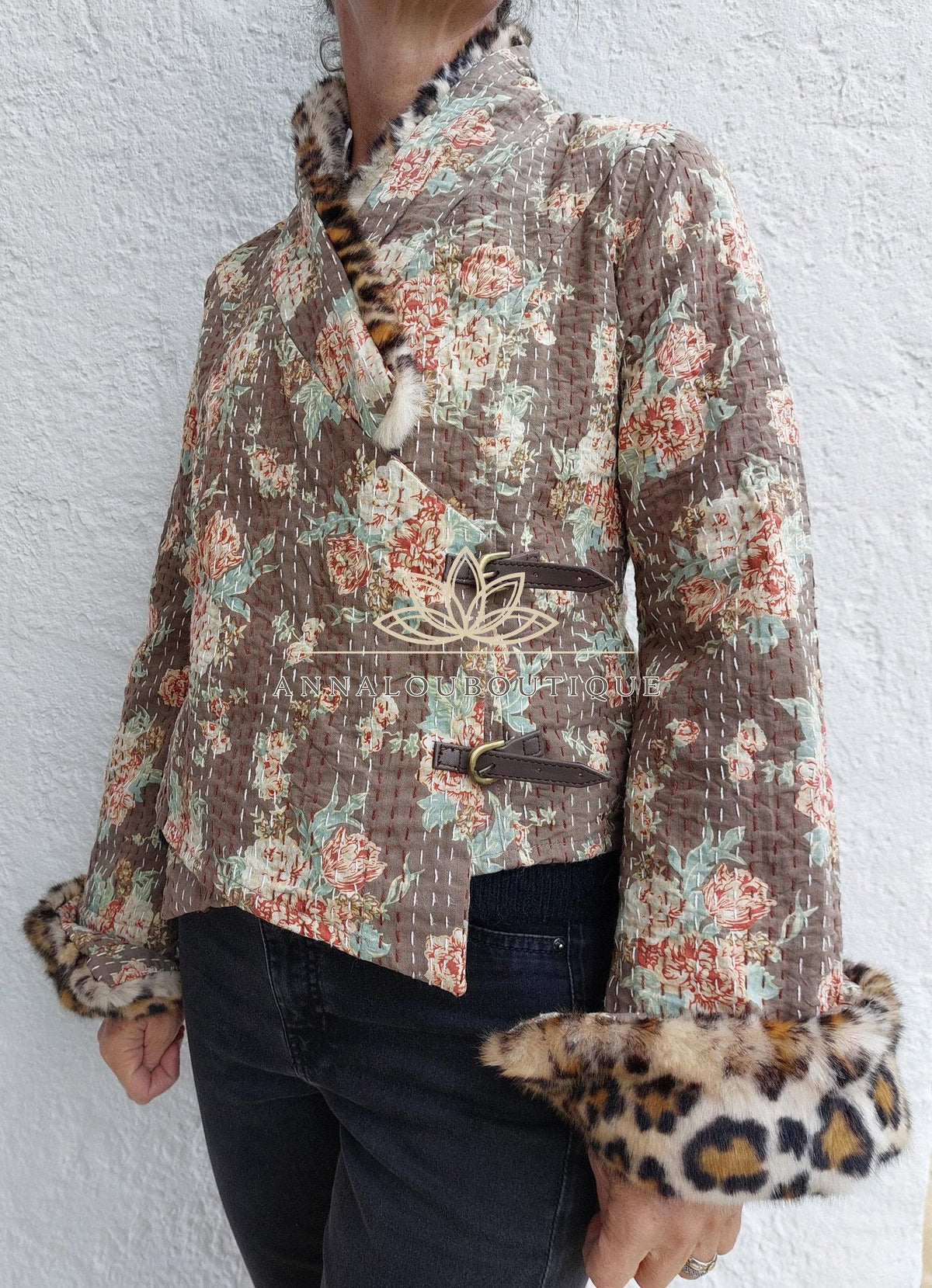 Glossy Brown Floral Cotton Wrap Jacket, Leopard Faux Fur Collar & Cuffs, Boho Chic Mid-Season Jacket, Hippie Style