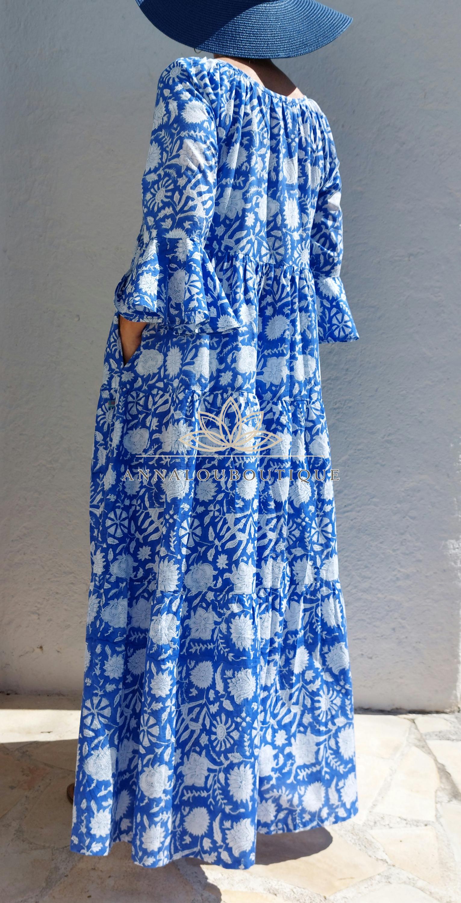 Hand Block Printed Cotton Maxi Dress – Navy Blue Floral Dress, Boho Chic Summer Dress, Large Ruffle Skirt, Hippie Chic Cotton Outfit