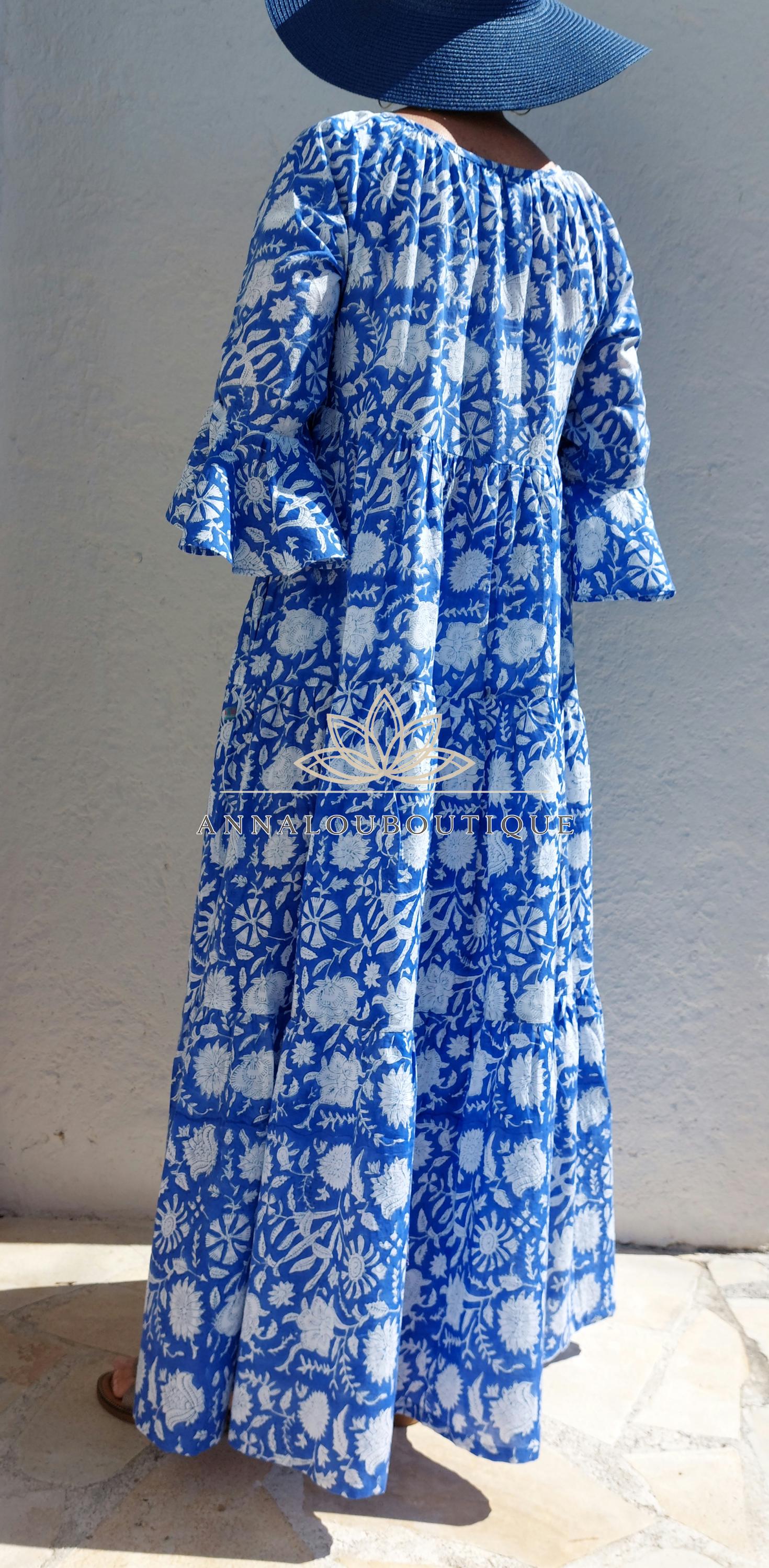 Hand Block Printed Cotton Maxi Dress – Navy Blue Floral Dress, Boho Chic Summer Dress, Large Ruffle Skirt, Hippie Chic Cotton Outfit
