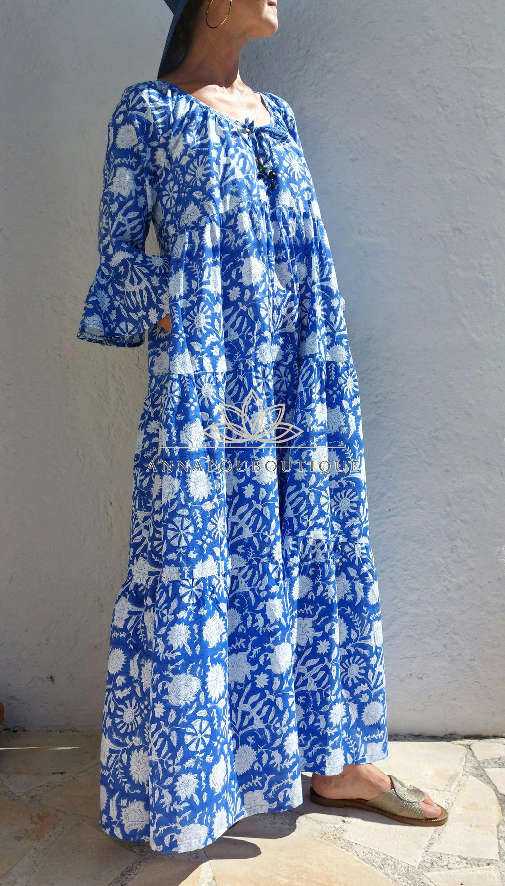 Hand Block Printed Cotton Maxi Dress – Navy Blue Floral Dress, Boho Chic Summer Dress, Large Ruffle Skirt, Hippie Chic Cotton Outfit
