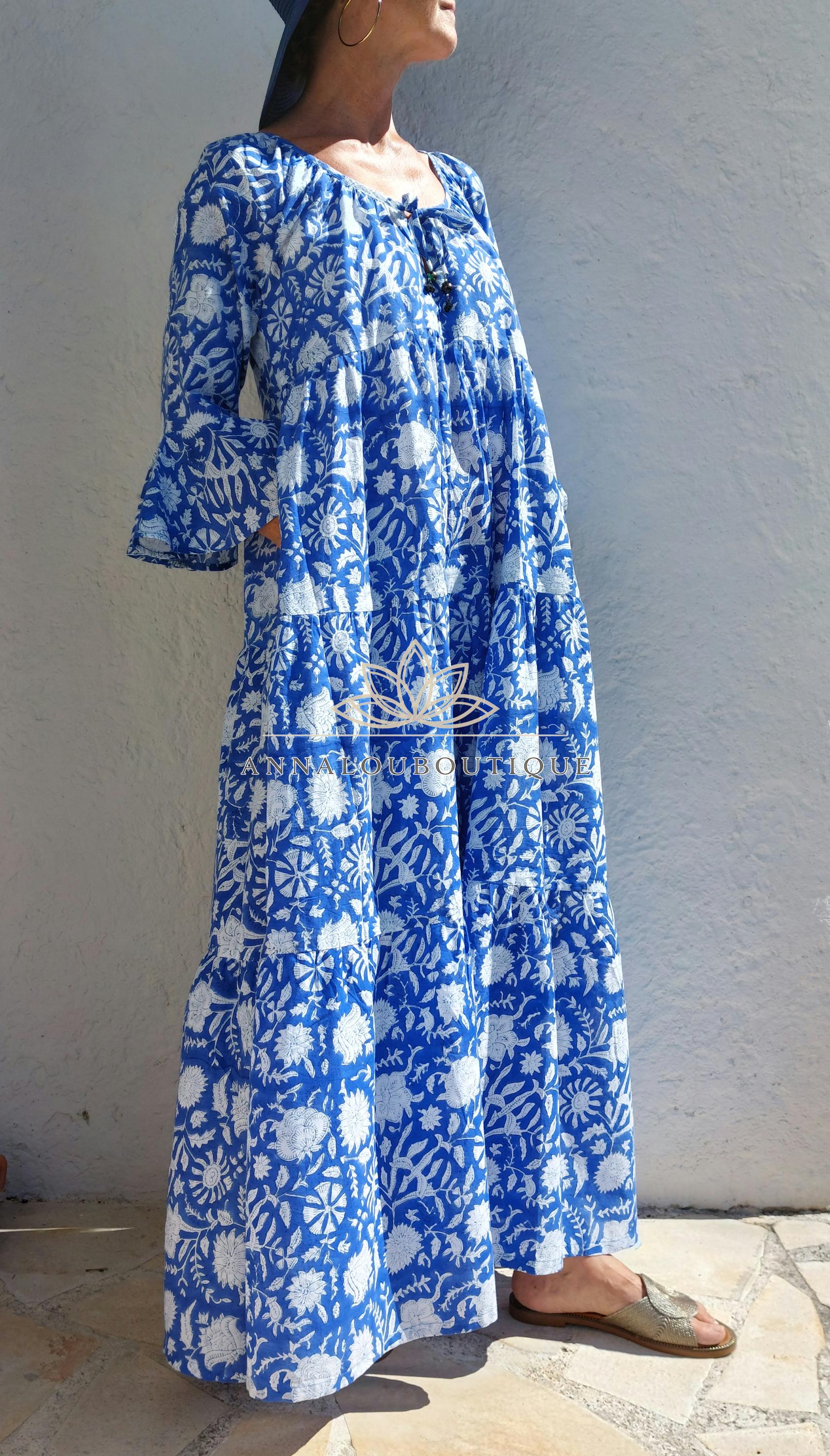 Hand Block Printed Cotton Maxi Dress – Navy Blue Floral Dress, Boho Chic Summer Dress, Large Ruffle Skirt, Hippie Chic Cotton Outfit
