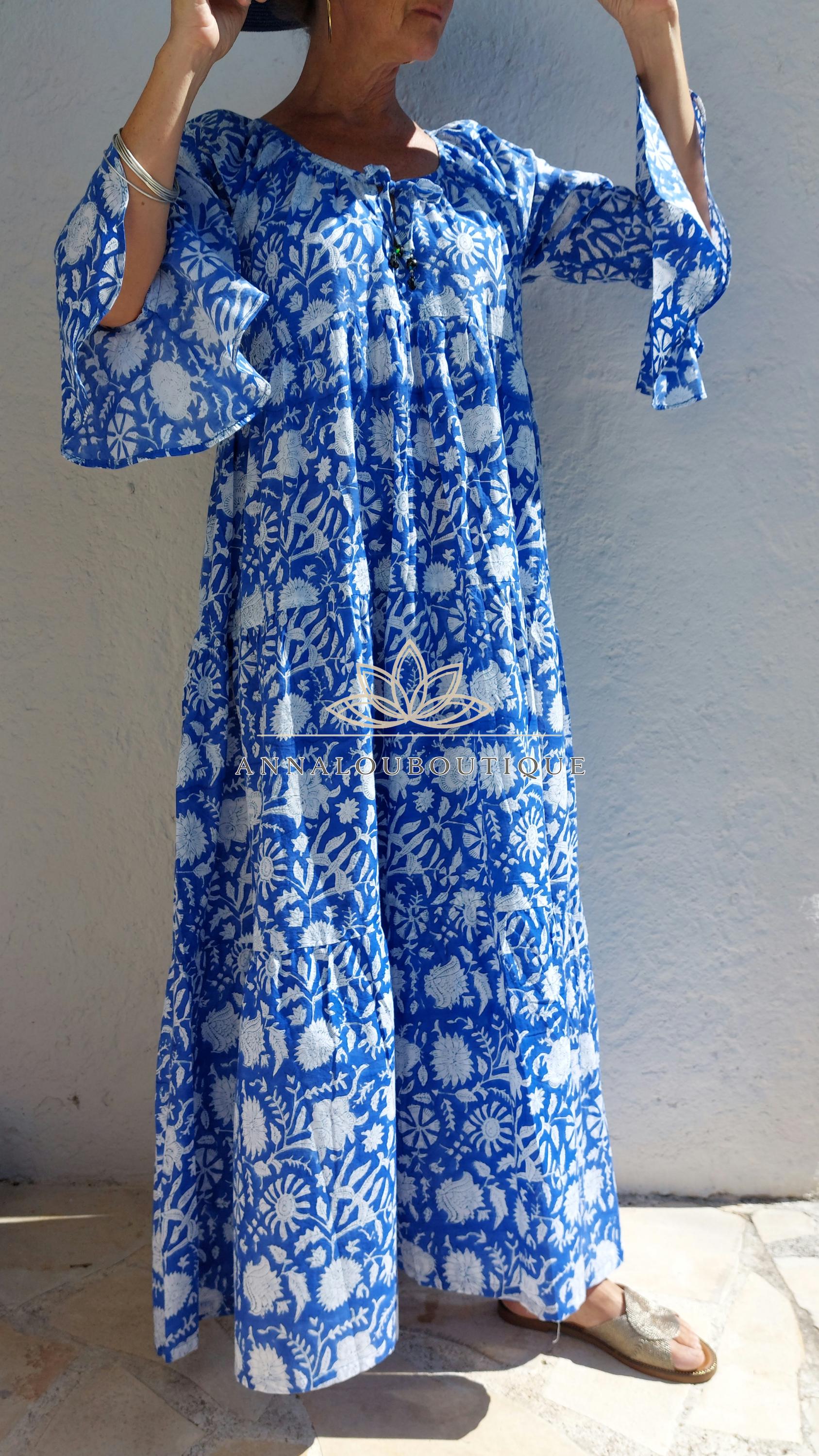 Hand Block Printed Cotton Maxi Dress – Navy Blue Floral Dress, Boho Chic Summer Dress, Large Ruffle Skirt, Hippie Chic Cotton Outfit