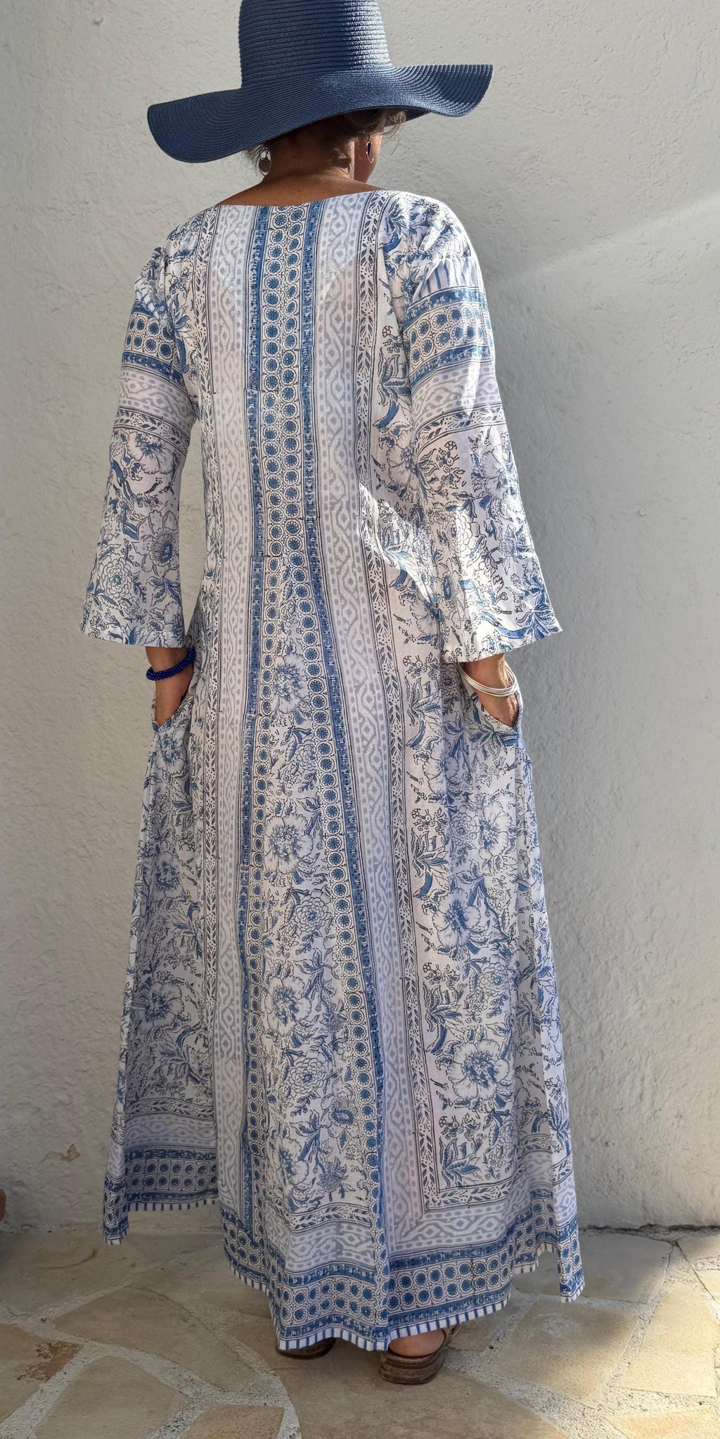 Long Soft Cotton Kaftan – Light Blue Floral Beach Cover Up, Flowy Boho Summer Dress, Breathable Cotton Resort Wear, Handmade Fashion