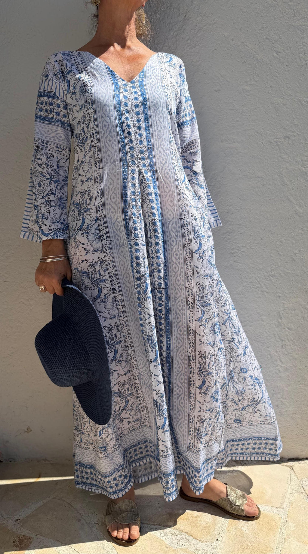 Long Soft Cotton Kaftan – Light Blue Floral Beach Cover Up, Flowy Boho Summer Dress, Breathable Cotton Resort Wear, Handmade Fashion