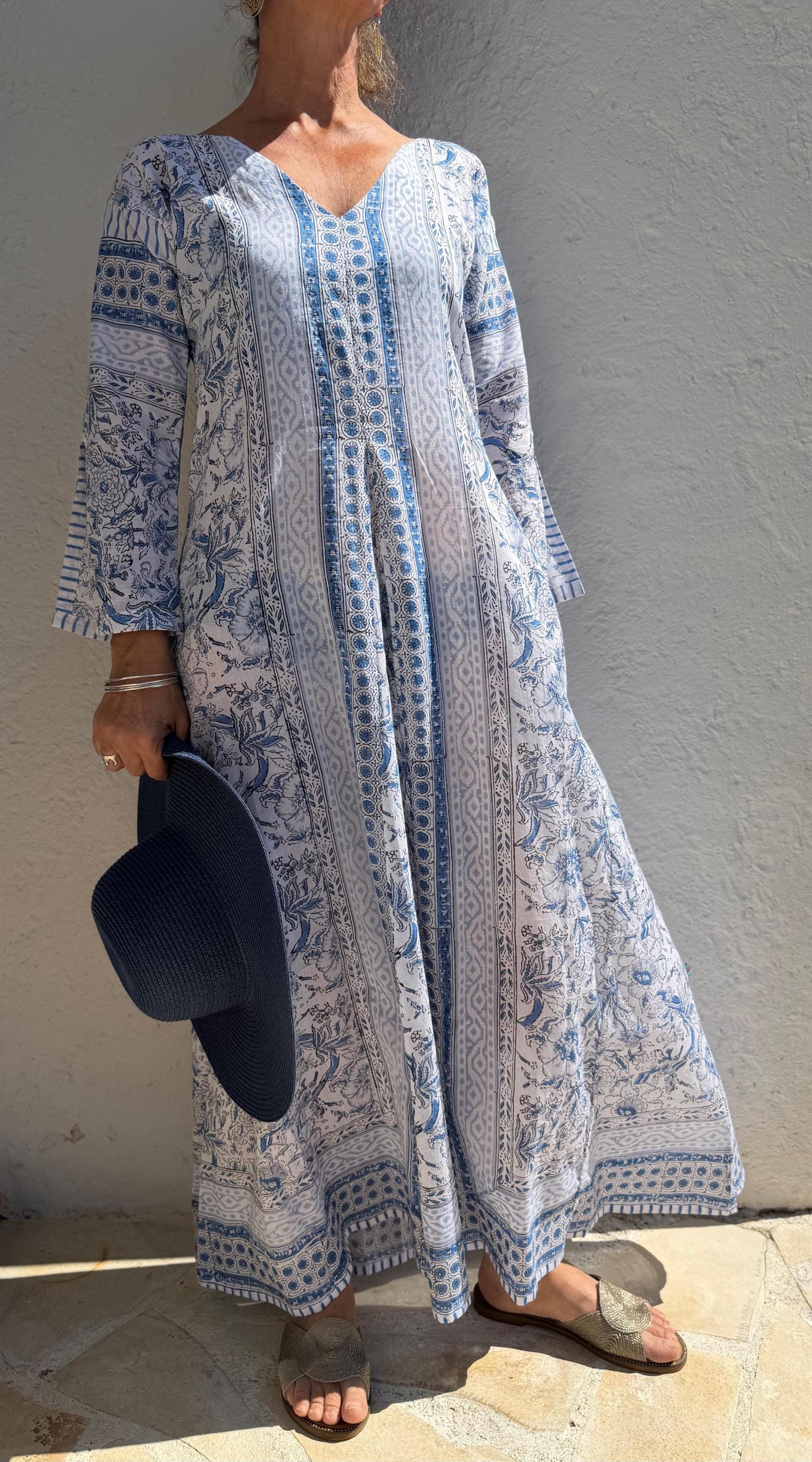 Long Soft Cotton Kaftan – Light Blue Floral Beach Cover Up, Flowy Boho Summer Dress, Breathable Cotton Resort Wear, Handmade Fashion