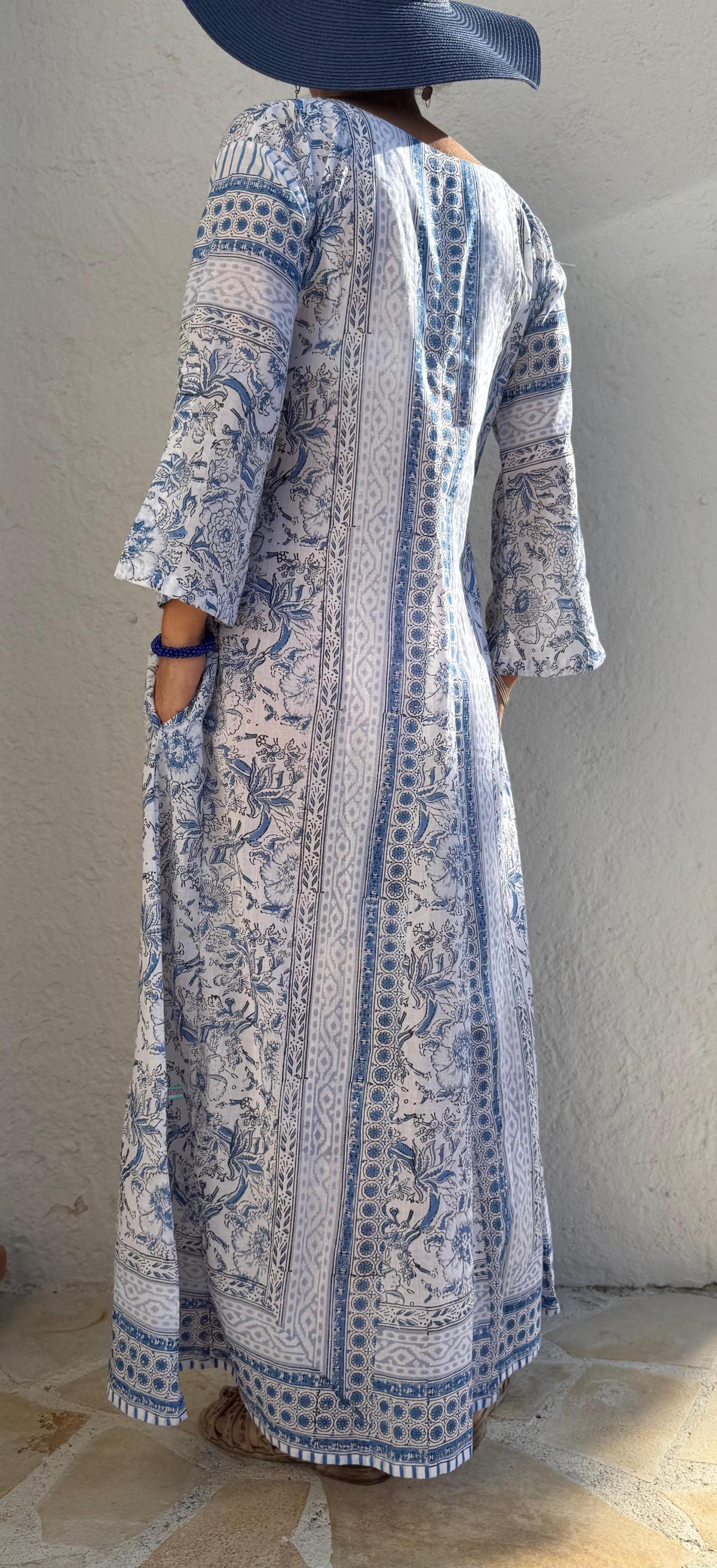 Long Soft Cotton Kaftan – Light Blue Floral Beach Cover Up, Flowy Boho Summer Dress, Breathable Cotton Resort Wear, Handmade Fashion