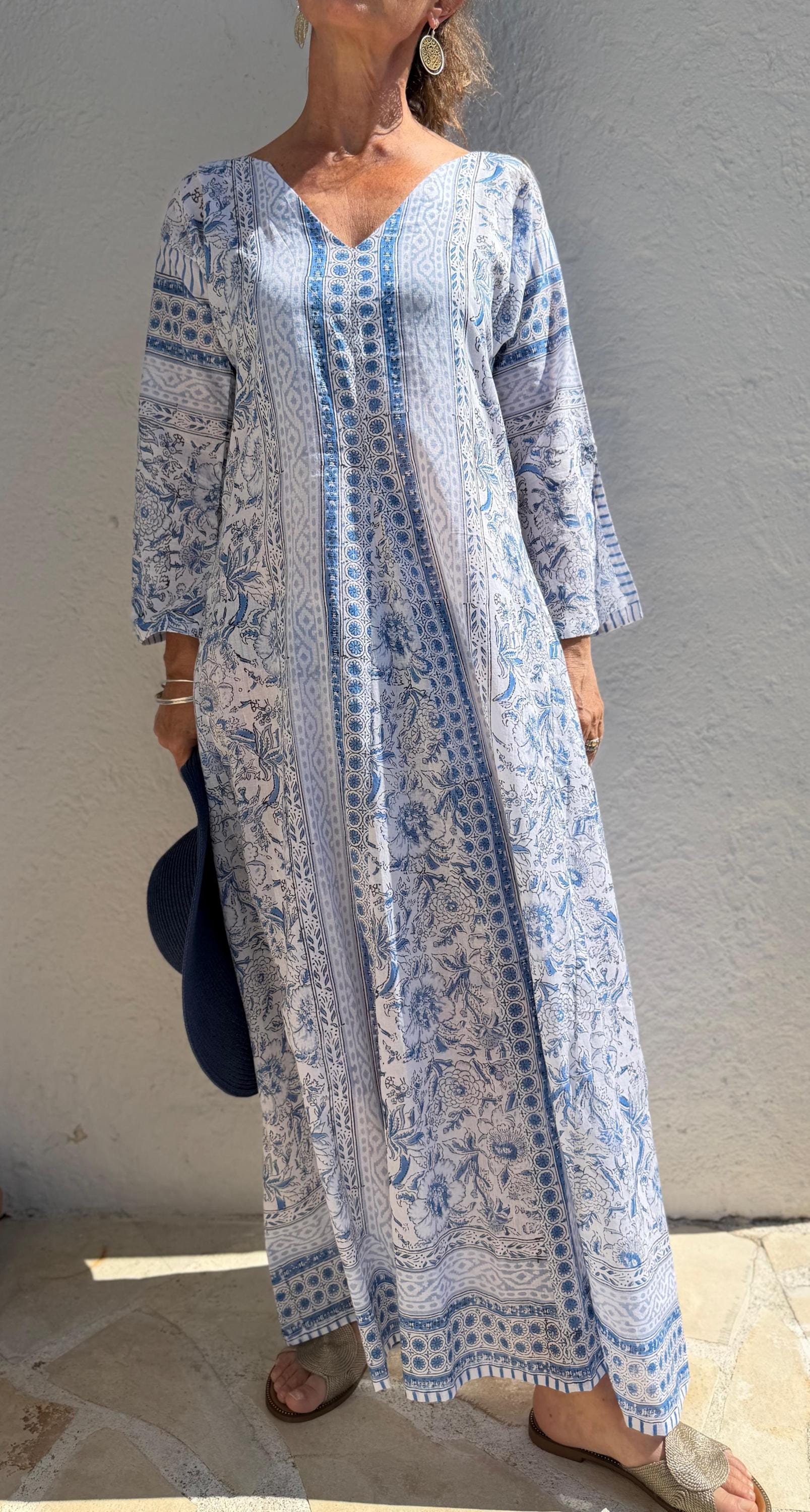 Long Soft Cotton Kaftan – Light Blue Floral Beach Cover Up, Flowy Boho Summer Dress, Breathable Cotton Resort Wear, Handmade Fashion