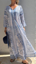 Long Soft Cotton Kaftan – Light Blue Floral Beach Cover Up, Flowy Boho Summer Dress, Breathable Cotton Resort Wear, Handmade Fashion