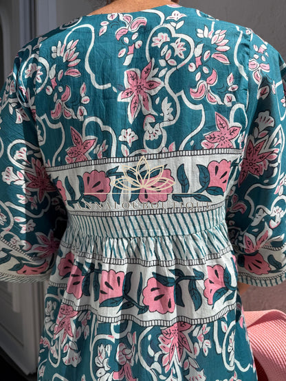 Loose teal dress with pink flowers