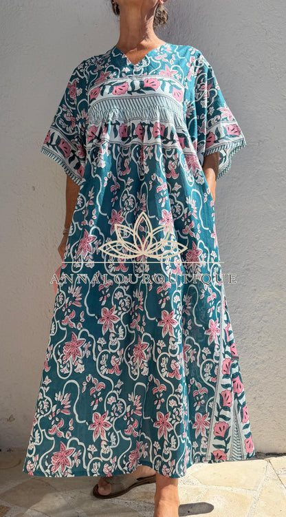 Loose teal dress with pink flowers