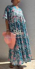 Teal Floral Oversized Cotton Maxi Dress, Pink Flower Print Boho Dress, Soft Cotton Summer Outfit, Flowy Women's Dress