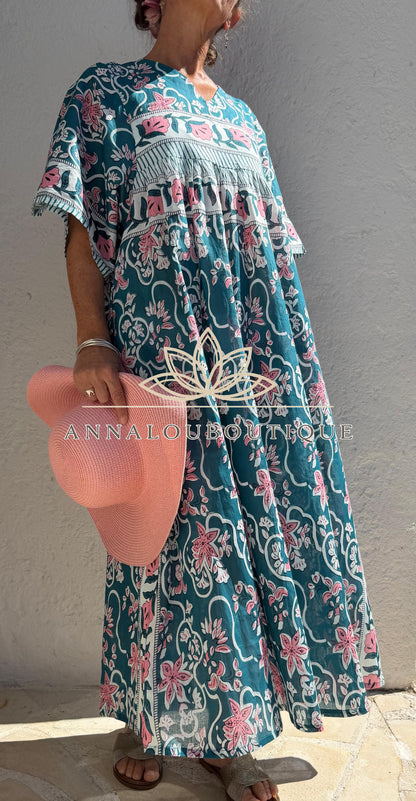 Loose teal dress with pink flowers