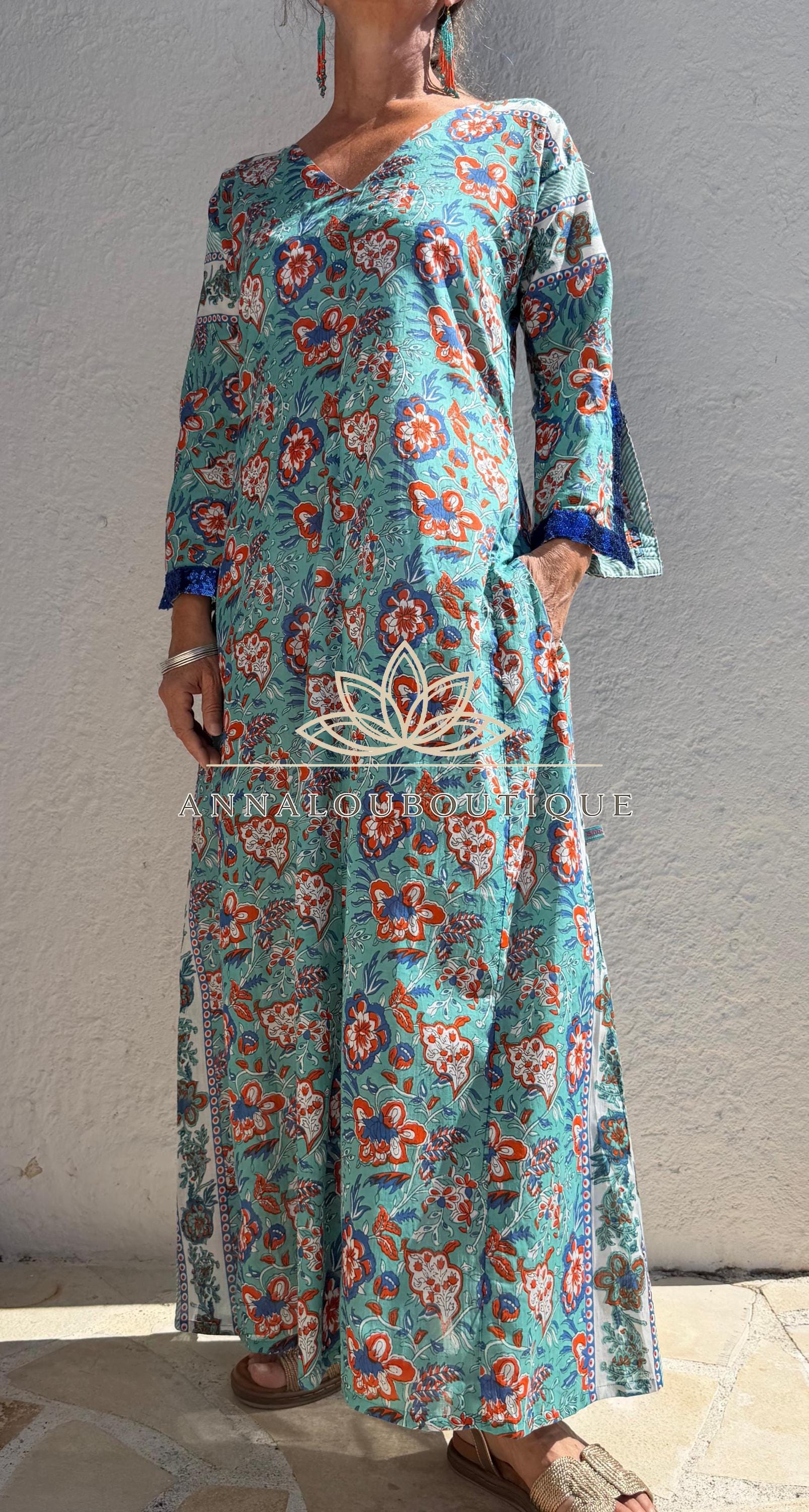 Floral Cotton Kaftan Dress, Turquoise & Orange Print Maxi Dress, Beach Resort Wear, Soft Cotton Summer Outfit, Sequin Lace Sleeve Details