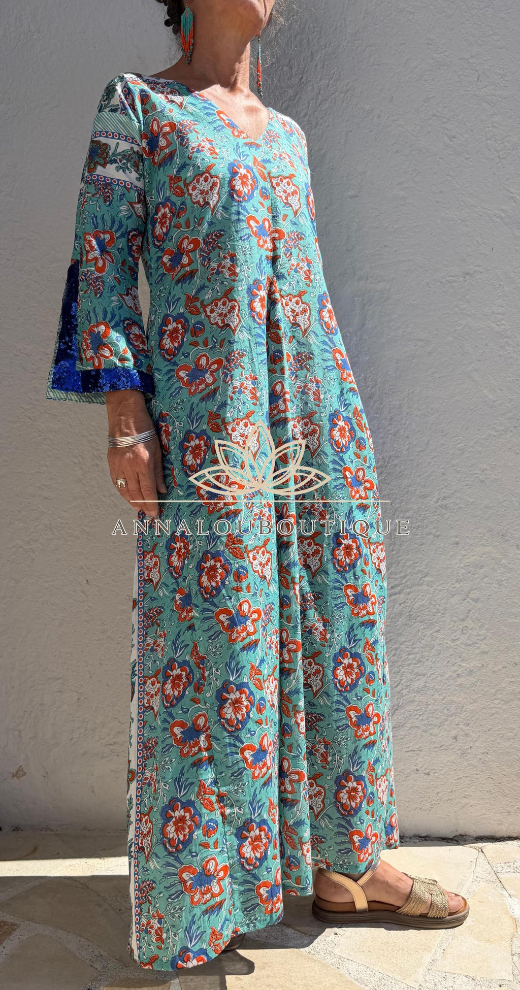 Floral Cotton Kaftan Dress, Turquoise & Orange Print Maxi Dress, Beach Resort Wear, Soft Cotton Summer Outfit, Sequin Lace Sleeve Details