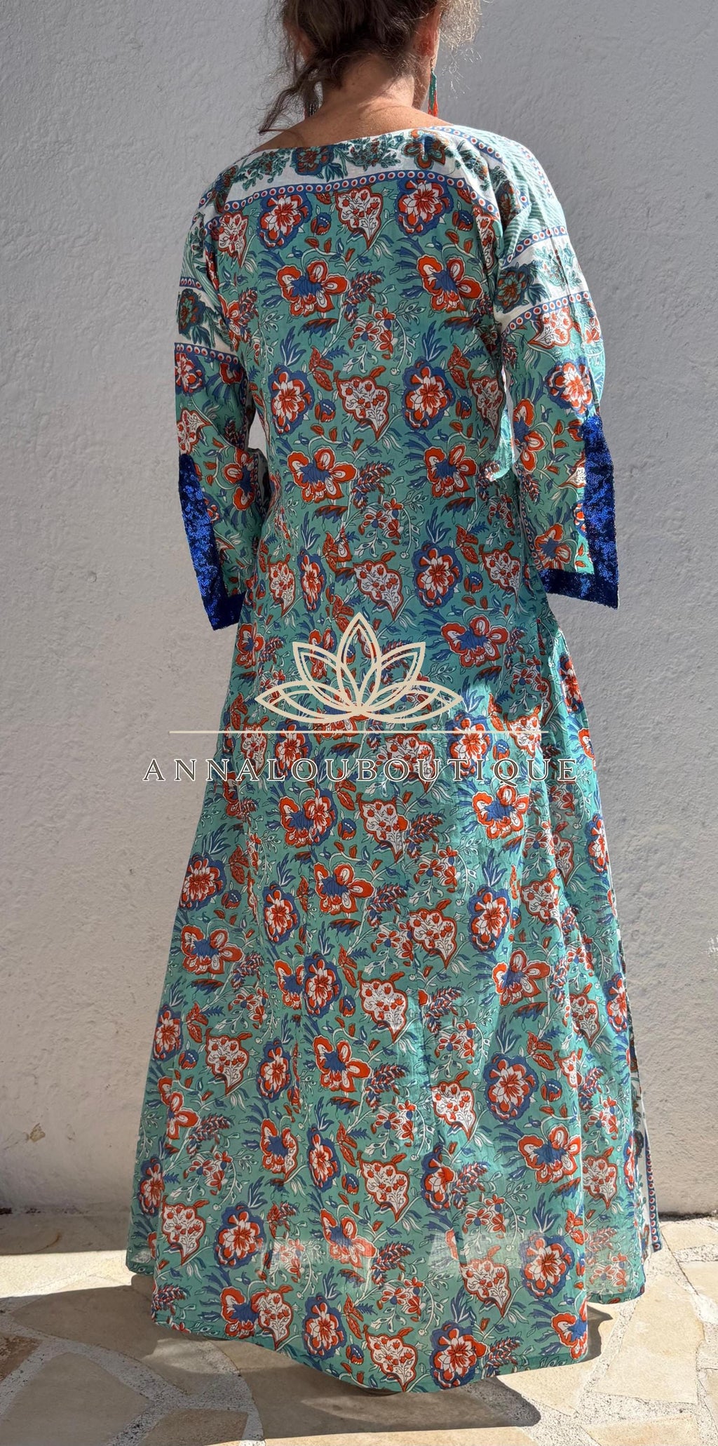 Floral Cotton Kaftan Dress, Turquoise & Orange Print Maxi Dress, Beach Resort Wear, Soft Cotton Summer Outfit, Sequin Lace Sleeve Details