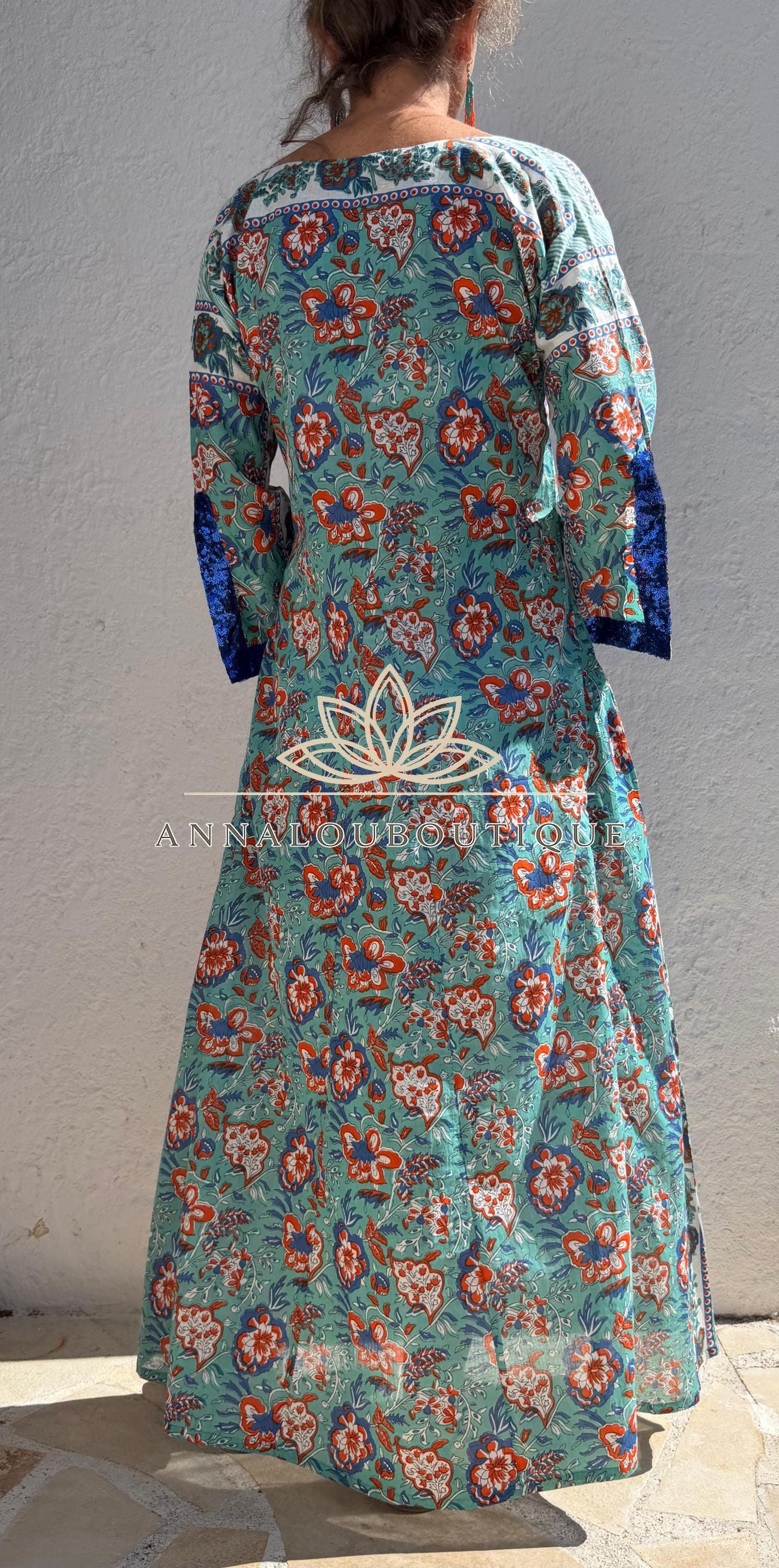 Floral Cotton Kaftan Dress, Turquoise & Orange Print Maxi Dress, Beach Resort Wear, Soft Cotton Summer Outfit, Sequin Lace Sleeve Details
