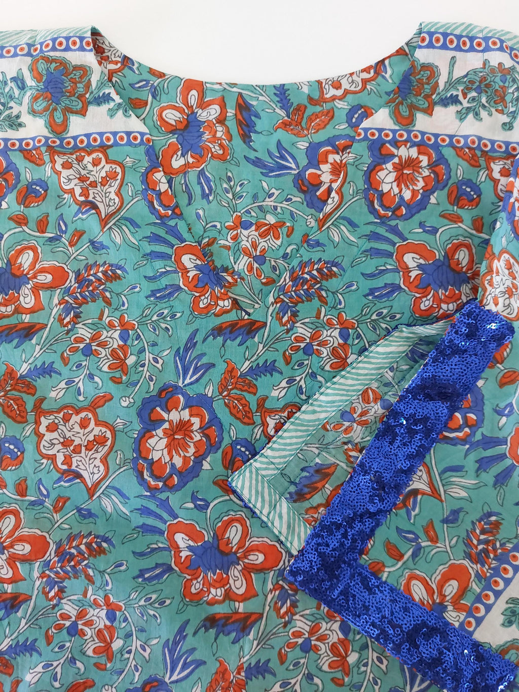 Floral Cotton Kaftan Dress, Turquoise & Orange Print Maxi Dress, Beach Resort Wear, Soft Cotton Summer Outfit, Sequin Lace Sleeve Details