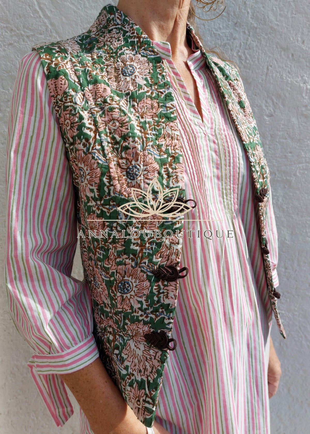 Hippie Chic Cotton Waistcoat – Fitted Corset Vest with Brown Brandenburg Closures