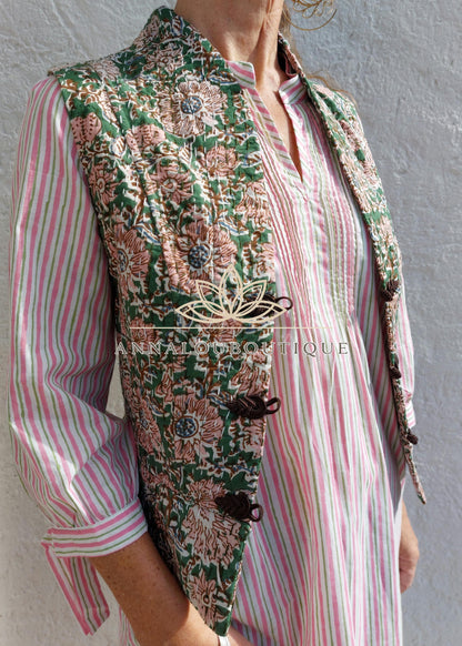 Hippie Chic Cotton Waistcoat – Fitted Corset Vest with Brown Brandenburg Closures