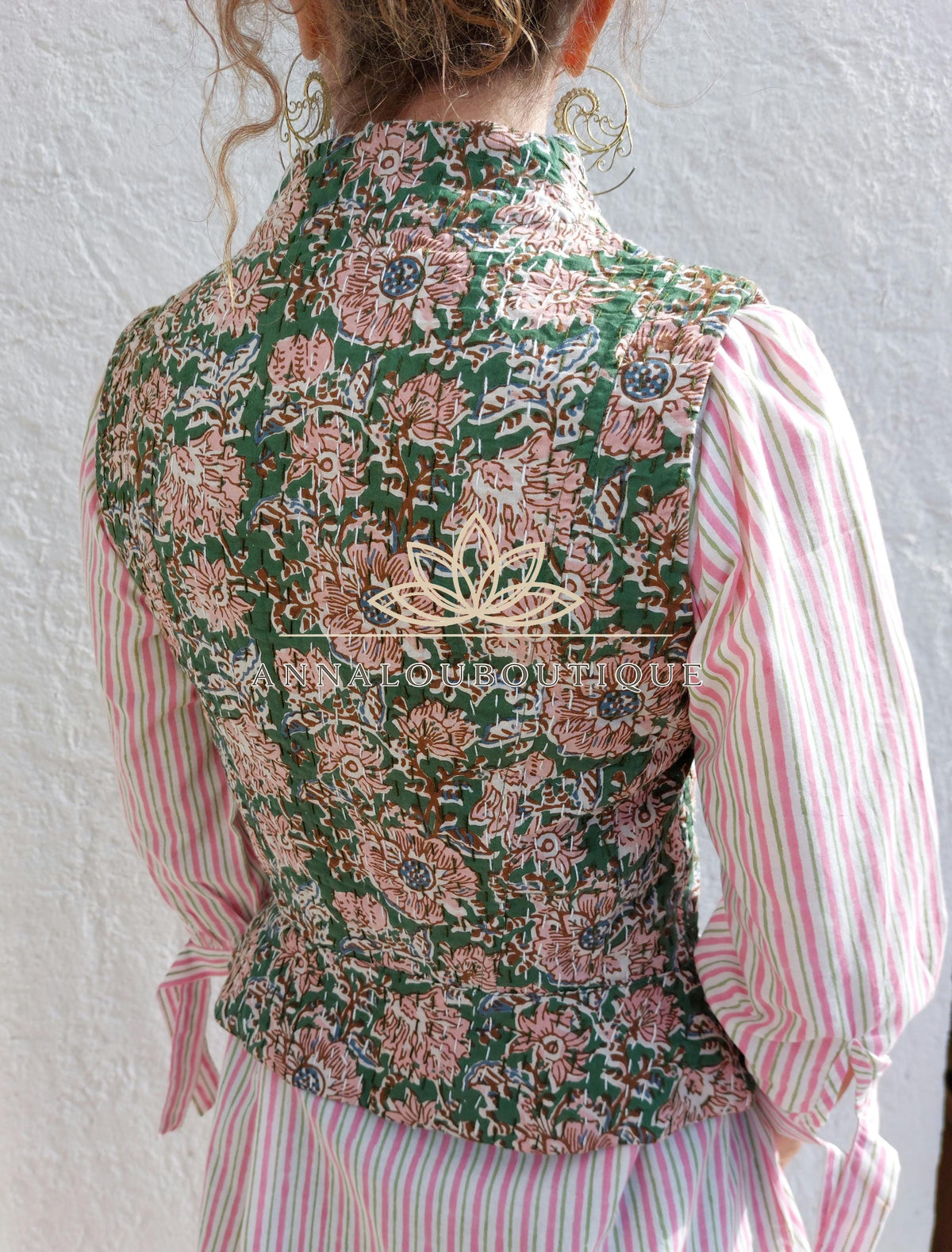 Hippie Chic Cotton Waistcoat – Fitted Corset Vest with Brown Brandenburg Closures