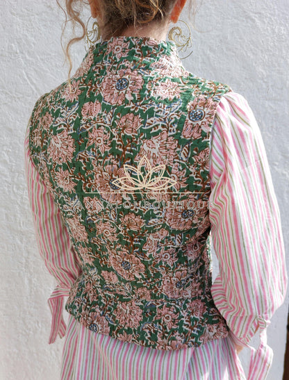 Hippie Chic Cotton Waistcoat – Fitted Corset Vest with Brown Brandenburg Closures