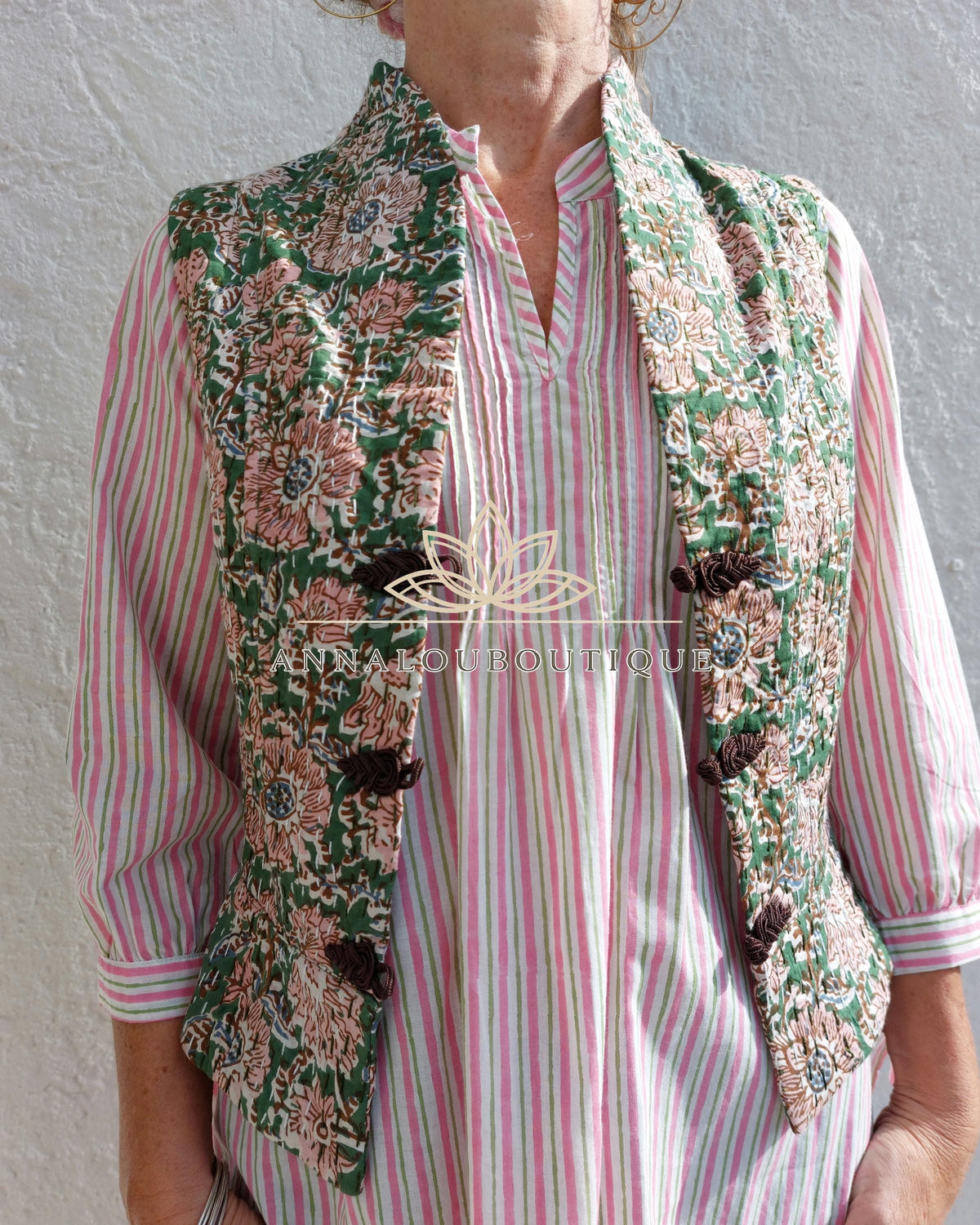 Hippie Chic Cotton Waistcoat – Fitted Corset Vest with Brown Brandenburg Closures