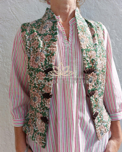 Hippie Chic Cotton Waistcoat – Fitted Corset Vest with Brown Brandenburg Closures