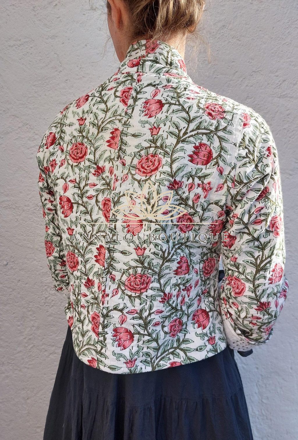 White Pink Floral Cotton Jacket, Open Front Bohemian Jacket, Trumpet Sleeve Cotton Layer, White Lining, Chic Casual Women’s Wear