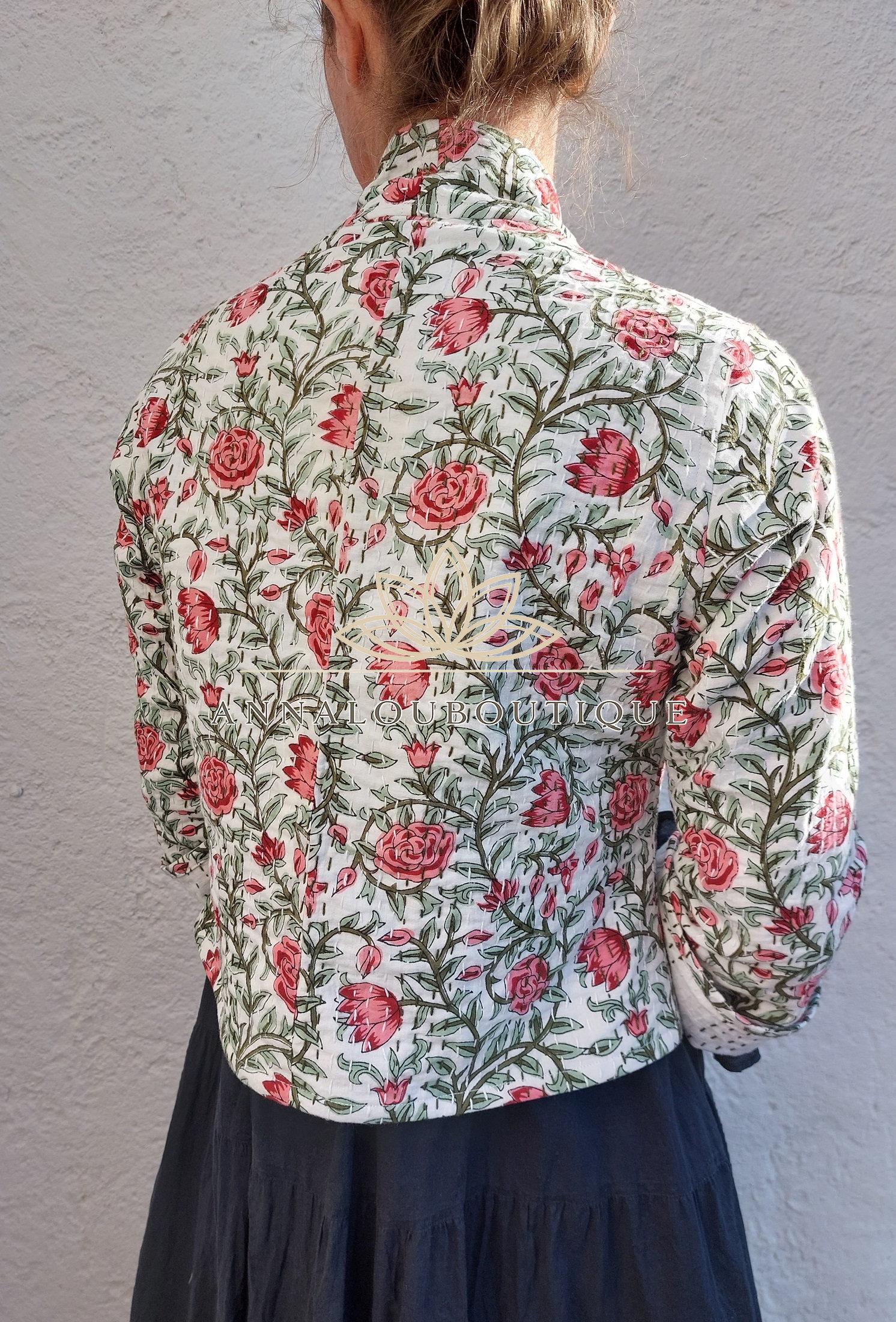 White Pink Floral Cotton Jacket, Open Front Bohemian Jacket, Trumpet Sleeve Cotton Layer, White Lining, Chic Casual Women’s Wear