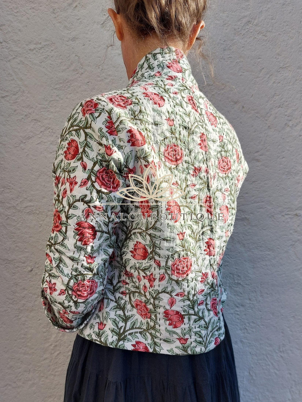 White Pink Floral Cotton Jacket, Open Front Bohemian Jacket, Trumpet Sleeve Cotton Layer, White Lining, Chic Casual Women’s Wear