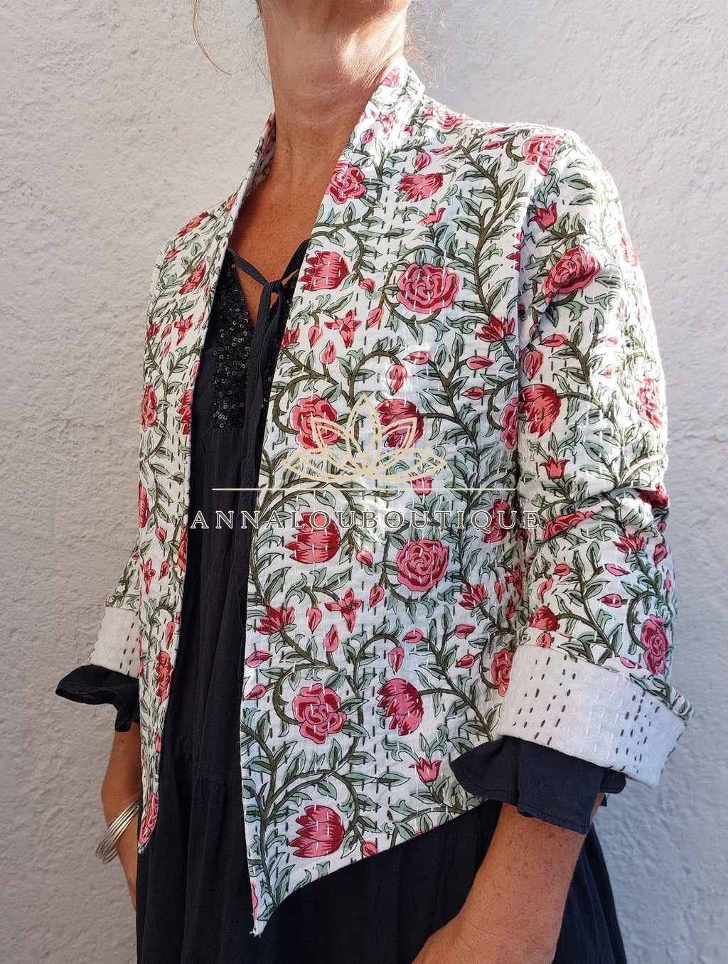 White Pink Floral Cotton Jacket, Open Front Bohemian Jacket, Trumpet Sleeve Cotton Layer, White Lining, Chic Casual Women’s Wear