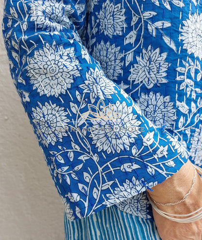 Blue Floral Cotton Jacket, Open Front Boho Cardigan, Lightweight Mid-Season Jacket, Hippie Chic Women’s Layer