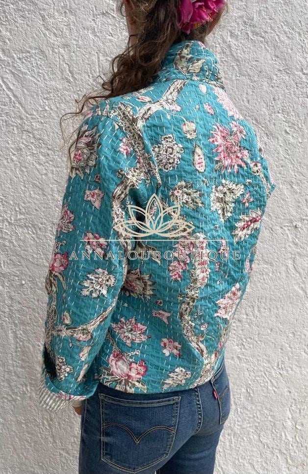Turquoise Pink Floral Cotton Jacket, Kimono Style Summer Jacket, Lightweight Bohemian Layer, Striped Cotton Lining, Casual Chic Women’s Wear