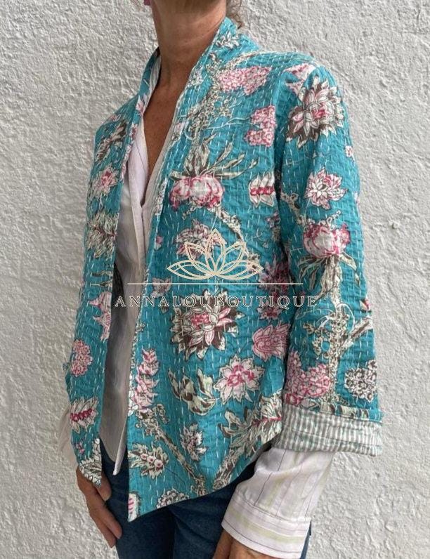 Turquoise Pink Floral Cotton Jacket, Kimono Style Summer Jacket, Lightweight Bohemian Layer, Striped Cotton Lining, Casual Chic Women’s Wear