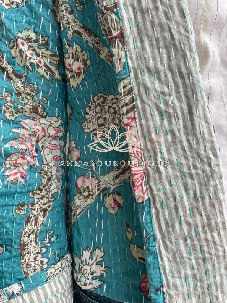Turquoise Pink Floral Cotton Jacket, Kimono Style Summer Jacket, Lightweight Bohemian Layer, Striped Cotton Lining, Casual Chic Women’s Wear