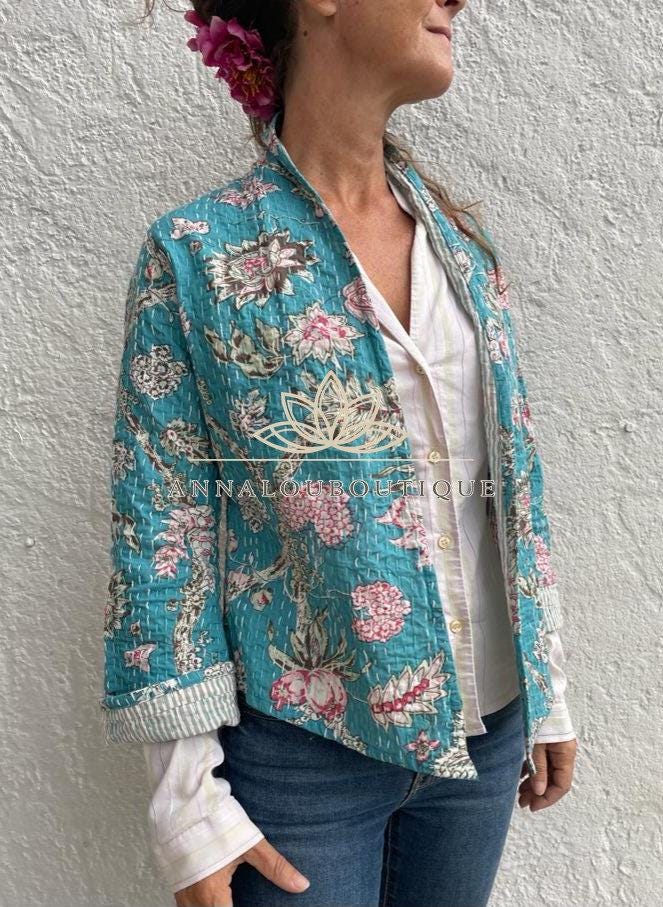 Turquoise Pink Floral Cotton Jacket, Kimono Style Summer Jacket, Lightweight Bohemian Layer, Striped Cotton Lining, Casual Chic Women’s Wear