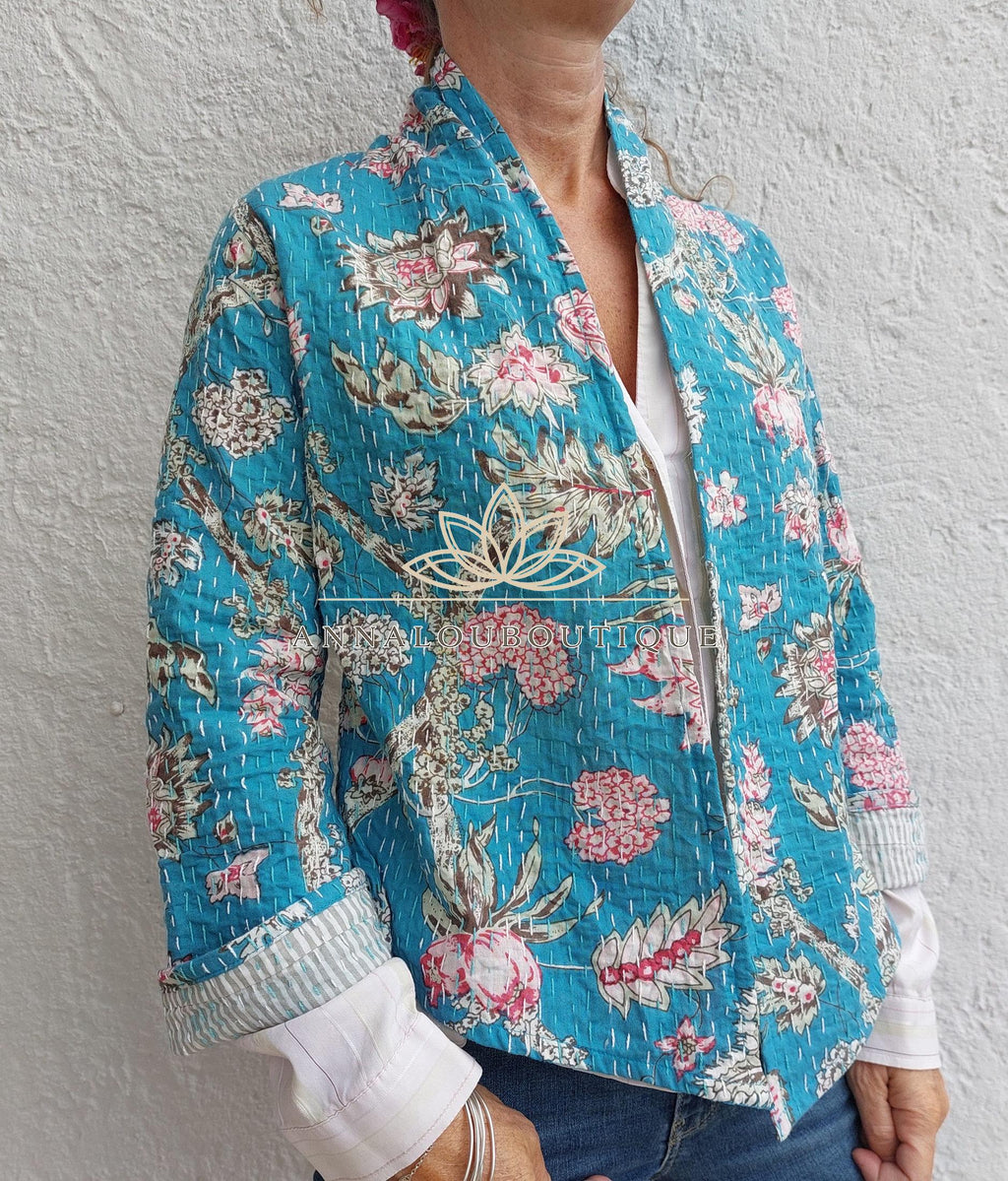 Turquoise Pink Floral Cotton Jacket, Kimono Style Summer Jacket, Lightweight Bohemian Layer, Striped Cotton Lining, Casual Chic Women’s Wear