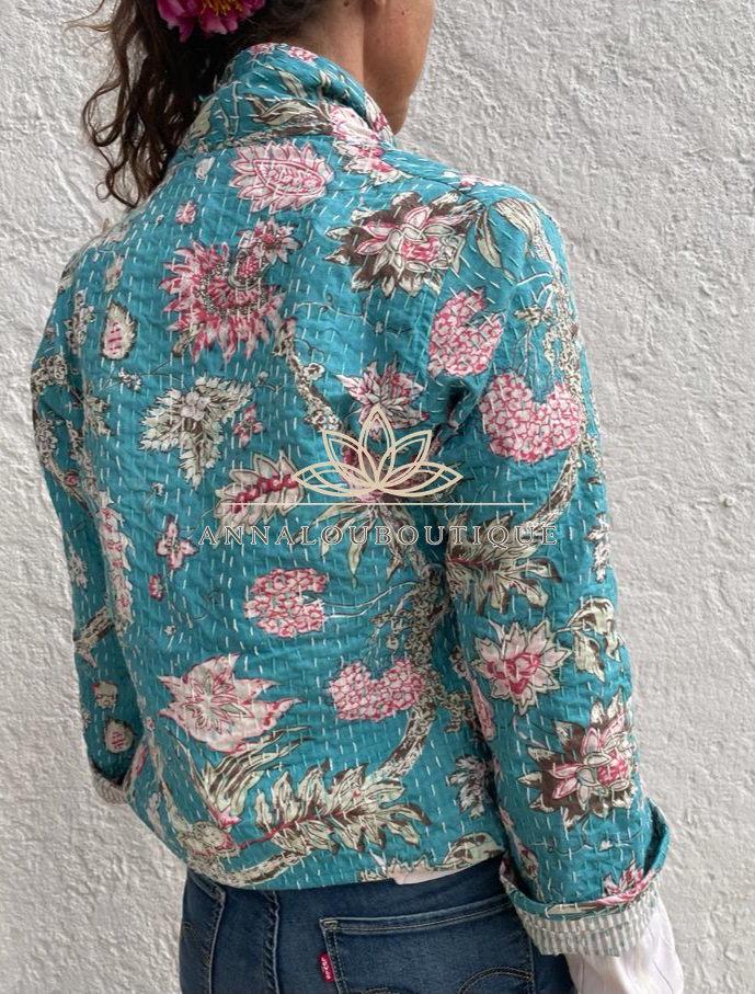Turquoise Pink Floral Cotton Jacket, Kimono Style Summer Jacket, Lightweight Bohemian Layer, Striped Cotton Lining, Casual Chic Women’s Wear
