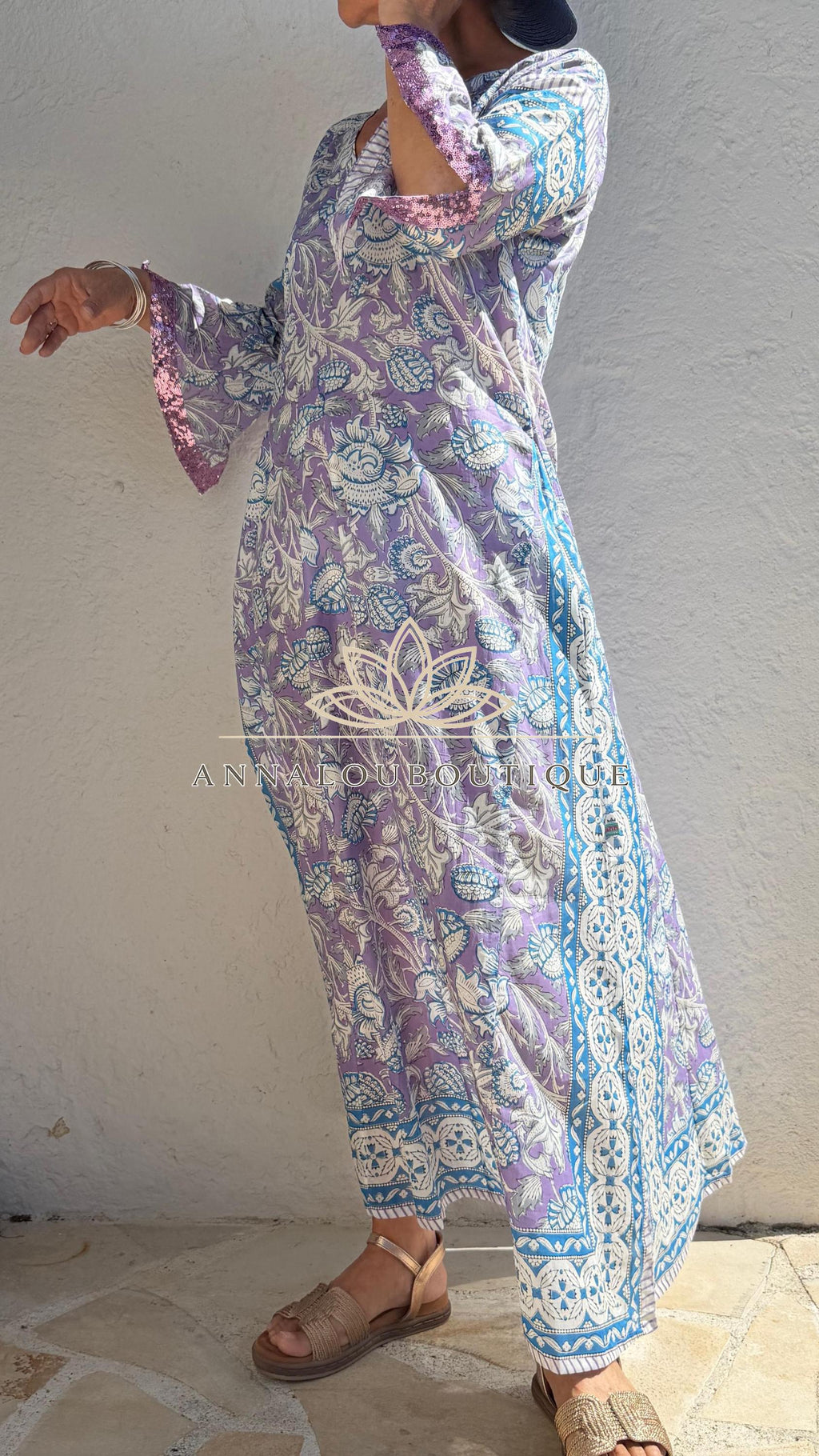 Mauve & Blue Floral Print Maxi Dress, Soft Cotton Summer Resort Wear, Beach Cover Up, Handmade Fashion with Sequin Lace Sleeves