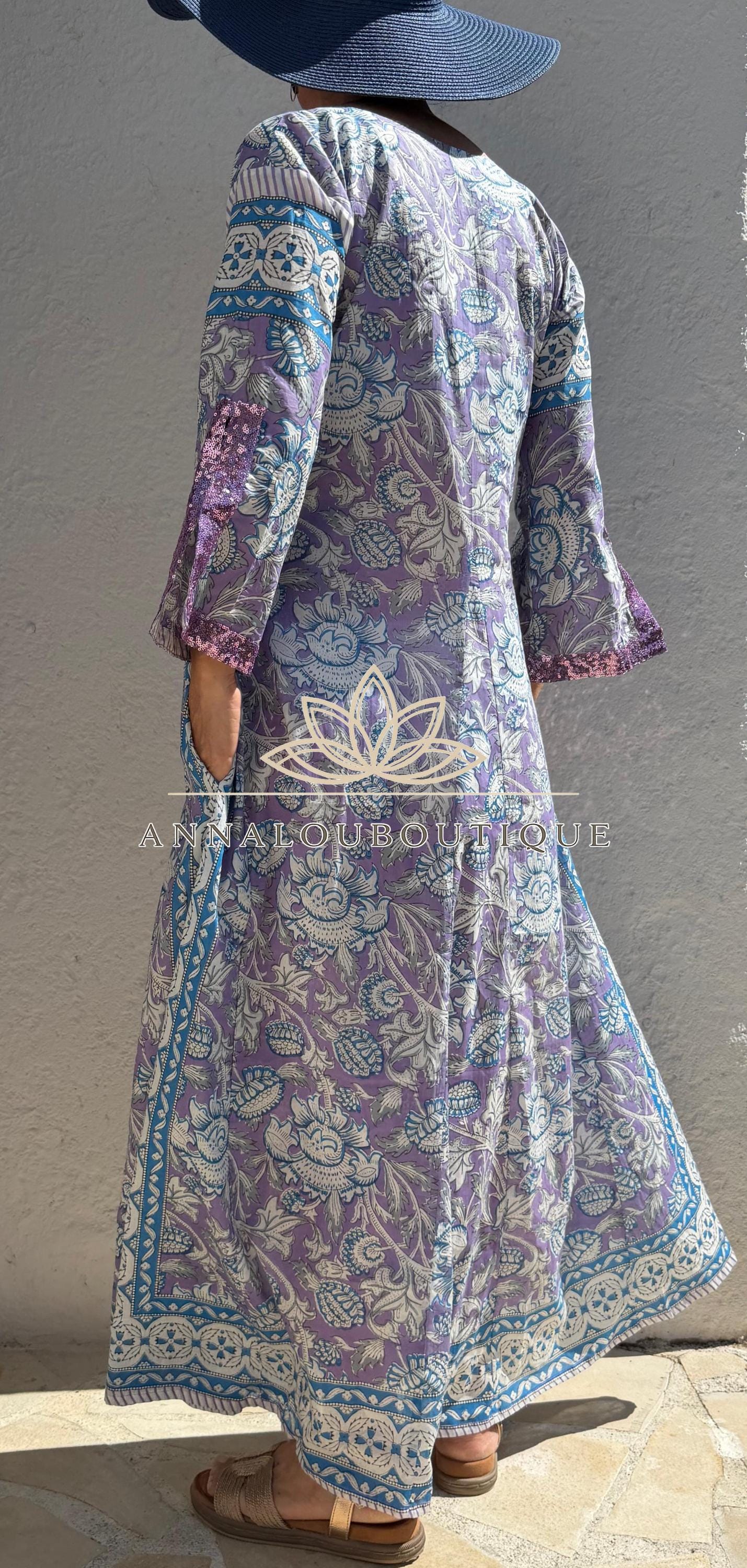 Mauve & Blue Floral Print Maxi Dress, Soft Cotton Summer Resort Wear, Beach Cover Up, Handmade Fashion with Sequin Lace Sleeves